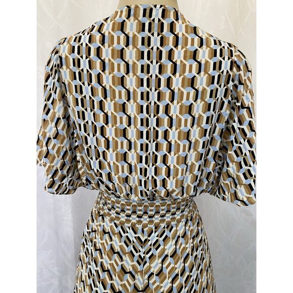 MAJE Rachelli Shirred Printed Crepe De Chine Midi Dress Light Blue Beige… - Picture 9 of 11